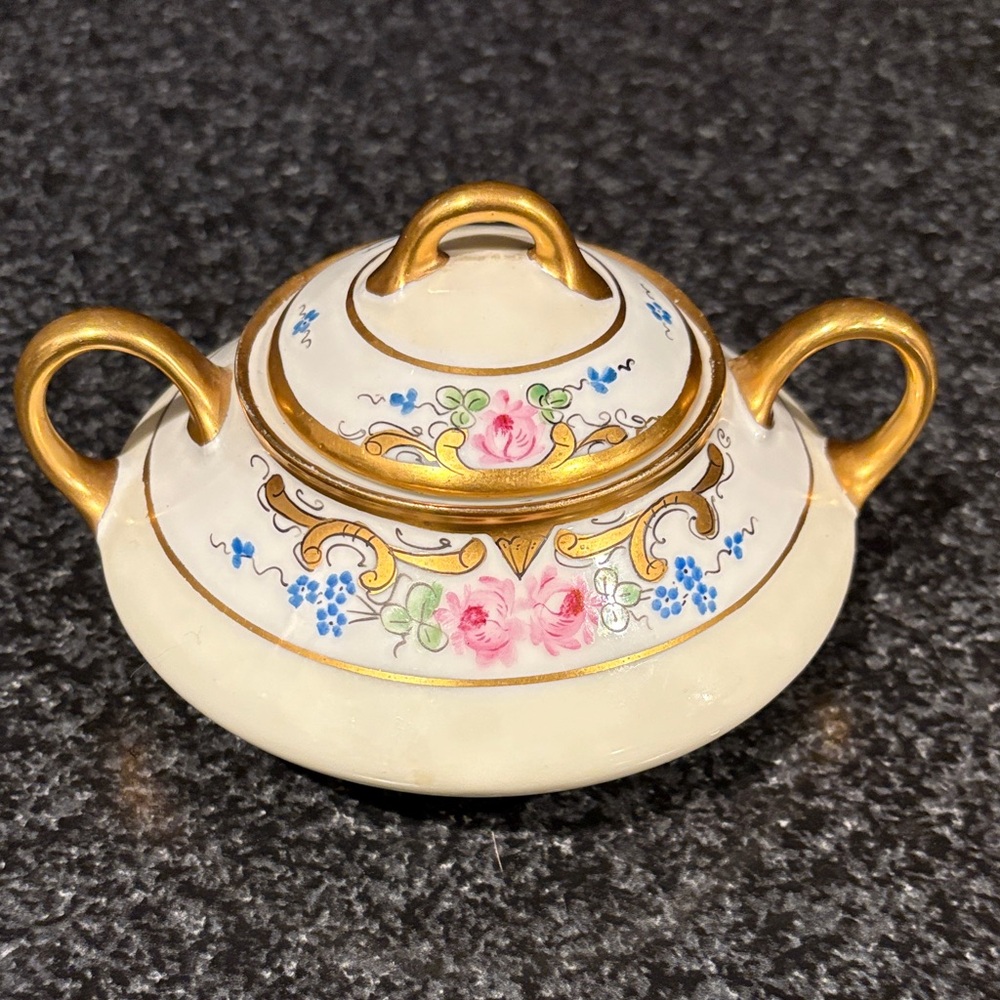Floral Porcelain Sugar Bowl with Gold Accents